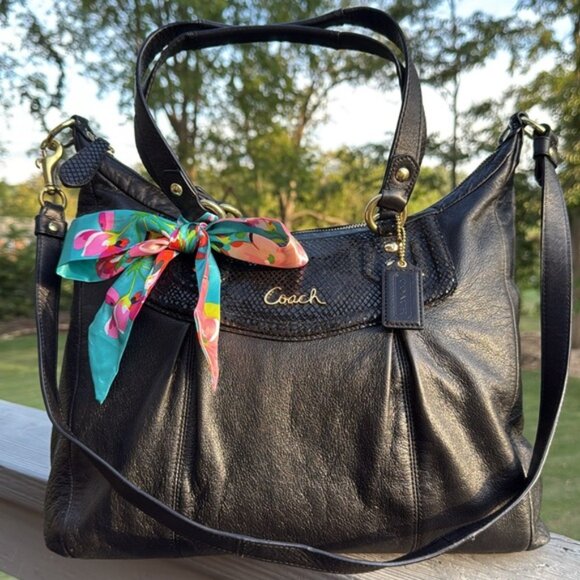 Coach Ashley(F20104) Black Leather w/Python Embossed Trim Tote/Shoulder Bag(EUC) - Picture 4 of 17